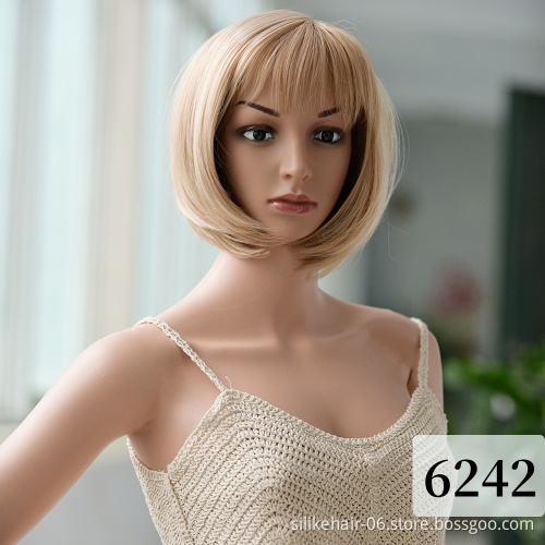 High Quality Ombre Ash Brown Color Machine Made Short Bob Wigs With Bangs For Women Daily Use Heat Resistant Synthetic Wig